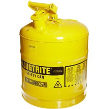 Justrite Type 1 Steel Safety Can For Flammables, 5 Gallon, Stainless Steel Flame Arrester, Self-Close Lid, Ye 7150200